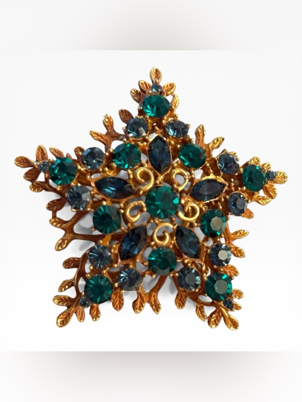 Vintage Coro Starburst Brooch Green Blue Rhinestone Signed Statement